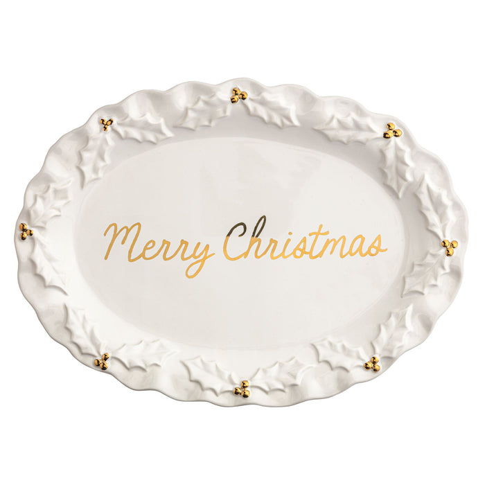 Gold Holly Merry Christmas Platter
