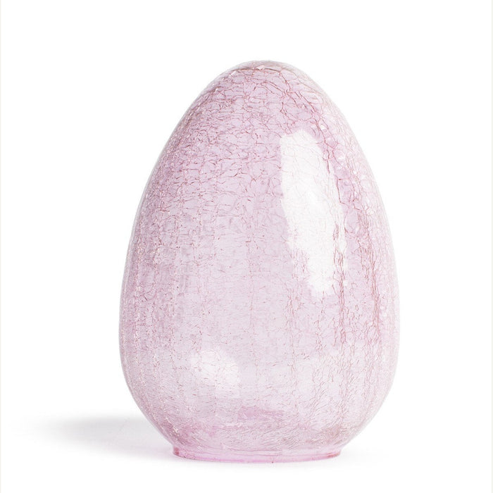 Crackle glass egg-shaped light fixture shade on a white studio background featuring a pale pink translucent hue, a delicate spiderweb fractured texture, and a smooth rounded silhouette