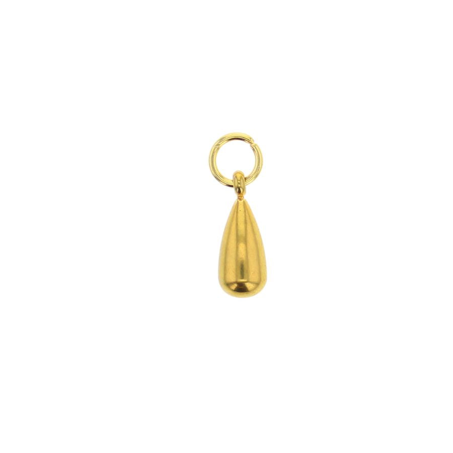 Gold jewelry teardrop pendant centered on a white background featuring a highly polished yellow gold finish, a smooth tapering silhouette, and a small circular jump ring