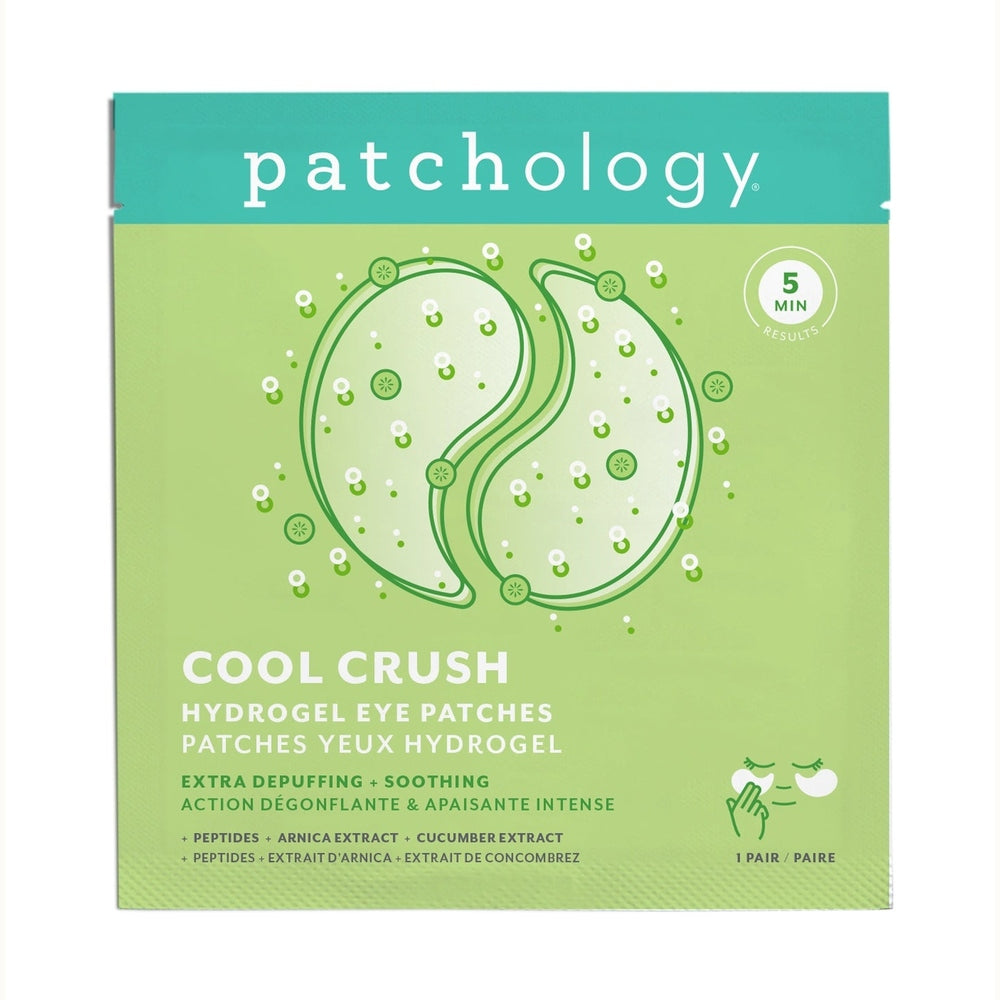 Product packaging graphic by Patchology for Cool Crush Hydrogel Eye Patches featuring two lime green yin-yang shaped eye gels surrounded by floating cucumber slices and white bubbles on a vibrant teal and green background
