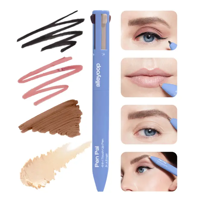 Product photography for Alleyoop featuring the periwinkle Pen Pal 4-in-1 makeup pen centered between textured cosmetic swatches and four close-up panels demonstrating eyeliner, lip liner, and brow application