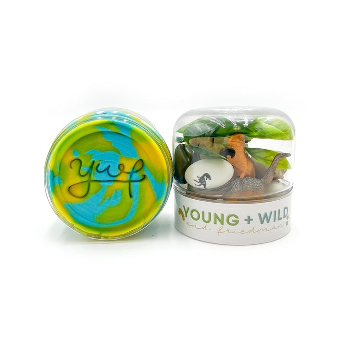 Sensory play kit by Young + Wild and Friedman featuring a container of swirled blue and yellow dough with a ywf imprint and a miniature prehistoric environment containing an orange dinosaur figurine, green leaves, and a white egg on a white background