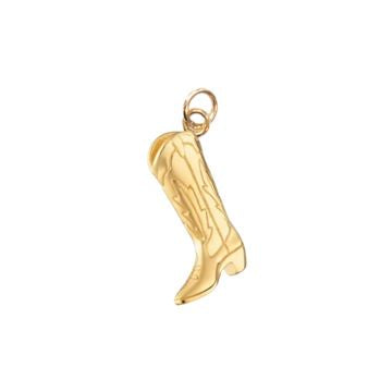 Gold charm of a miniature cowboy boot centered on a white background, highlighting intricate decorative Western stitching, a pointed toe, and a polished yellow finish