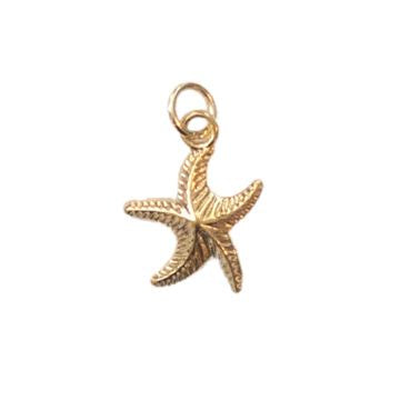 Gold jewelry starfish charm pendant featuring a detailed textured surface and a small metallic jump ring against a white background