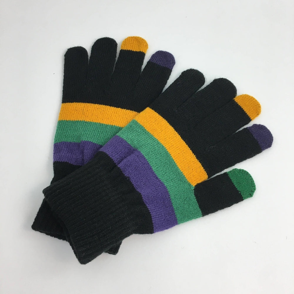 Knit textile gloves on a white background featuring yellow, green, and purple stripes with matching colored fingertips and black ribbed cuffs