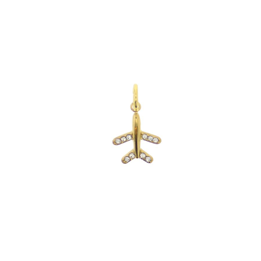 Yellow gold jewelry airplane charm positioned on a white background featuring shimmering pavé-set diamonds on the wings, a polished golden fuselage, and a top-mounted circular bail