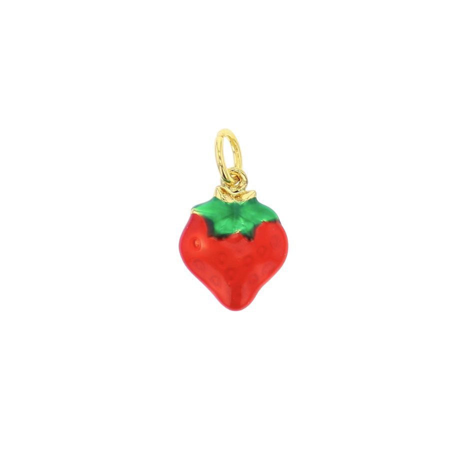 Enameled gold jewelry charm depicting a strawberry on a plain white background with a vibrant red glossy body, textured seed impressions, and a green enameled top with a gold loop