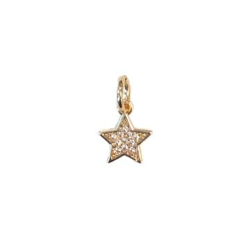 Gold and crystal jewelry star pendant charm centered on a white background featuring shimmering pavé-set clear stones and a polished yellow-gold bail attachment
