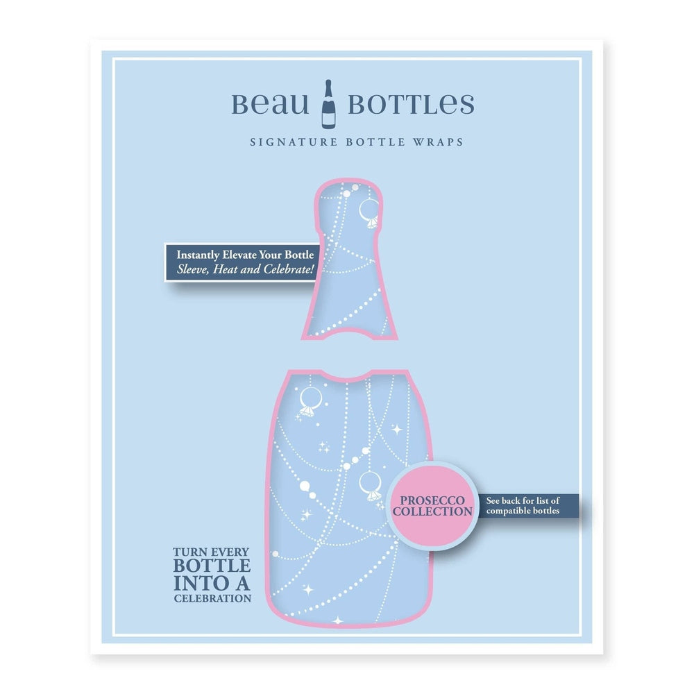 Beau Bottles signature bottle wrap package, Prosecco Collection, in light blue with white pearl strands