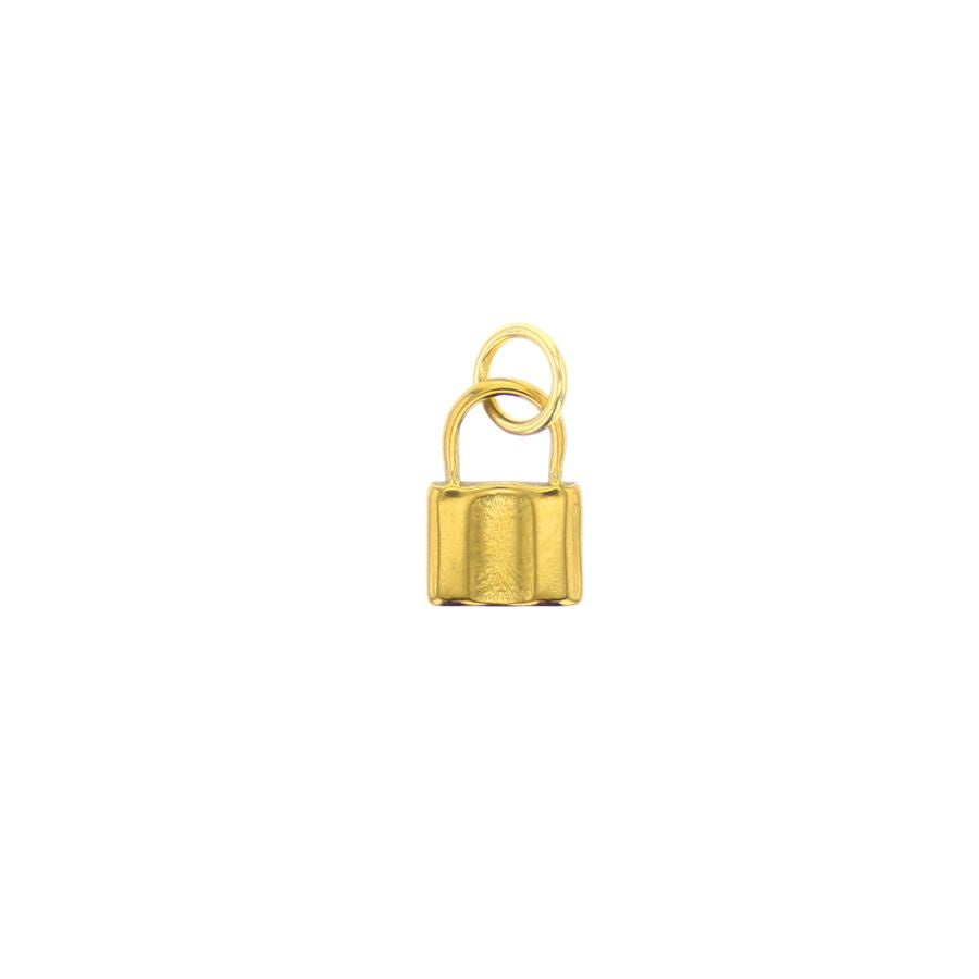 Gold jewelry padlock charm featuring a rectangular body with vertical textured grooves and a small circular jump ring centered on a white studio background