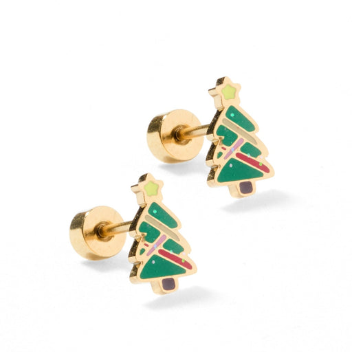 Gold-plated enamel jewelry showcasing a pair of festive Christmas tree stud earrings on a white background featuring lime green stars, red and pink diagonal garlands, and shimmering blue glitter accents