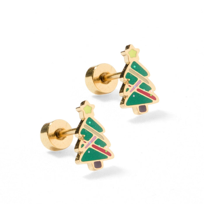 Gold-plated enamel jewelry showcasing a pair of festive Christmas tree stud earrings on a white background featuring lime green stars, red and pink diagonal garlands, and shimmering blue glitter accents