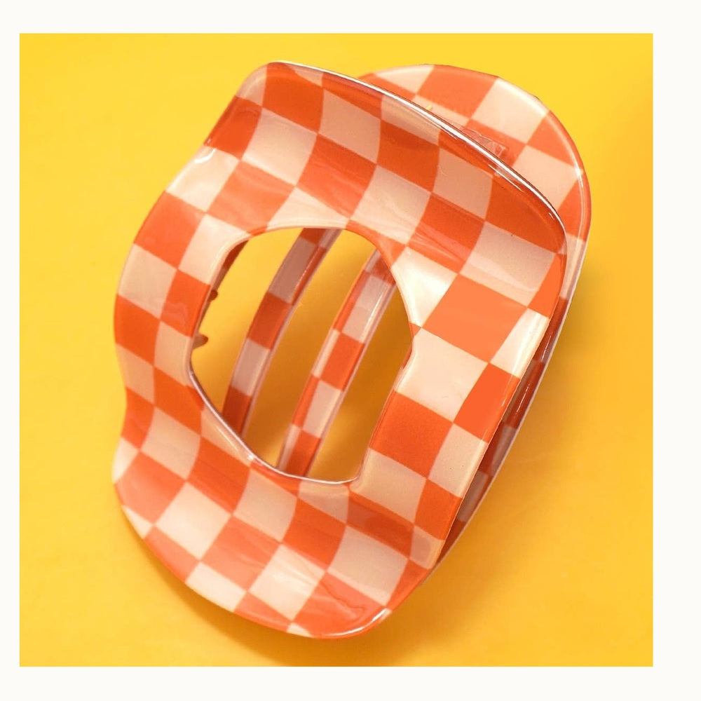 Orange Checkered Jumbo Lay Flat Oval Hair Claw Clip