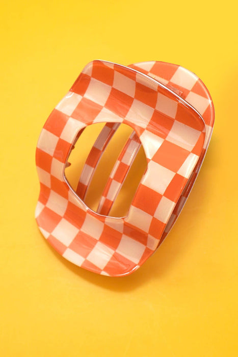 Orange Checkered Jumbo Lay Flat Oval Hair Claw Clip