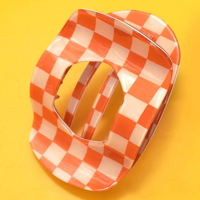 Orange Checkered Jumbo Lay Flat Oval Hair Claw Clip