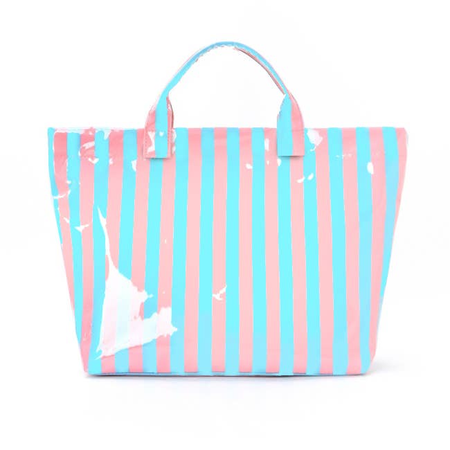 Blue/Pink Large Striped Vinyl Tote Bag