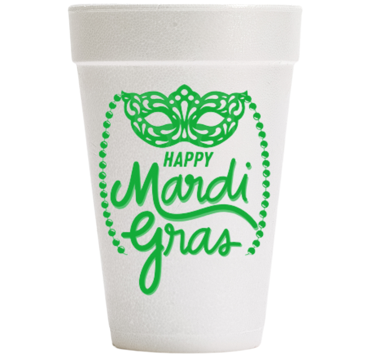 Screen-printed white styrofoam cup featuring a New Orleans Mardi Gras design with vibrant green cursive text, an intricate filigree masquerade mask, and a decorative border of carnival beads