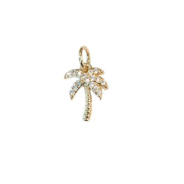 Gold jewelry palm tree charm featuring shimmering pavé-set crystals on tropical fronds and a textured gold trunk with a polished top bail