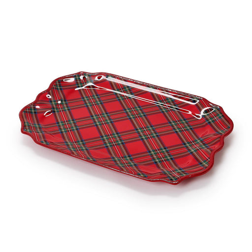 Ceramic serving platter by Vietri showcasing a festive red tartan pattern with green and white intersecting stripes and an elegant scalloped edge on a clean white background