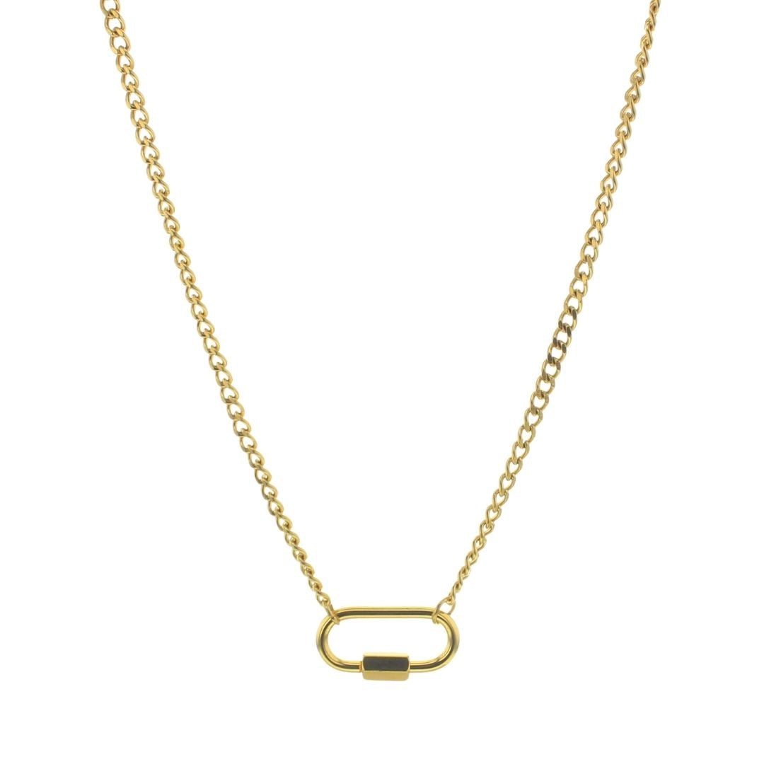 Gold curb chain necklace with an oval carabiner clasp at the center