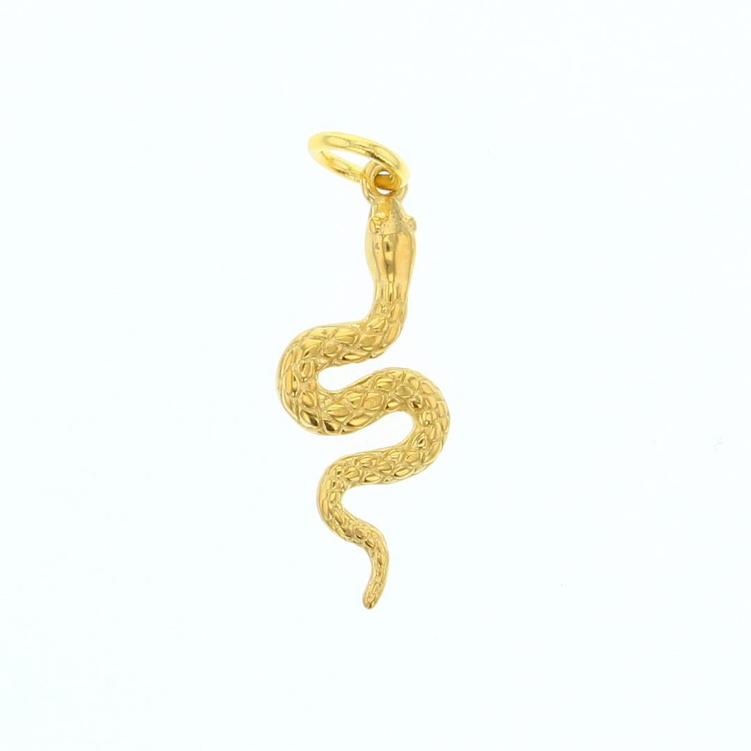 Gold jewelry pendant of an intricate slithering snake charm featuring a textured scale pattern, a polished yellow finish, and an S-curved body with a small circular bail against a white background