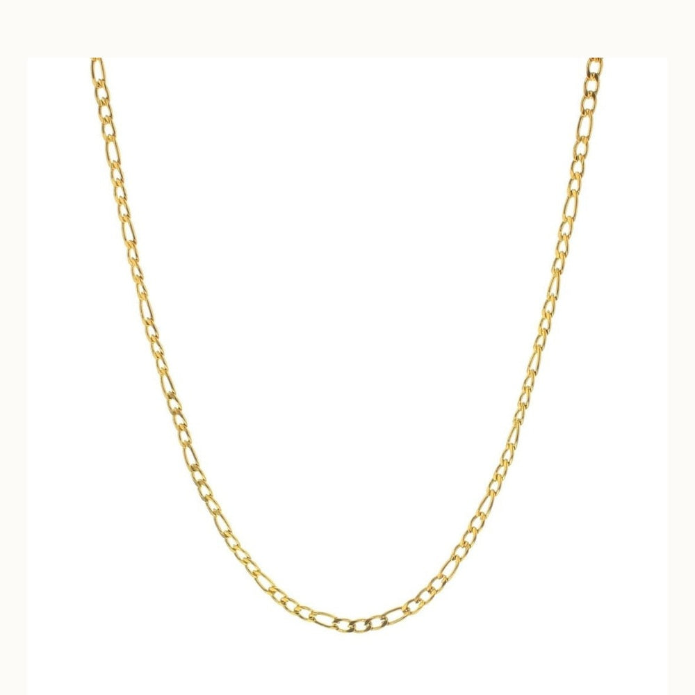 Gold jewelry piece featuring a yellow gold Figaro chain necklace on a white background highlighting its signature three-to-one interlocking link pattern and polished reflective metallic finish