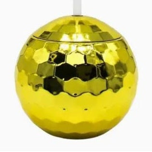 Commercial product photograph of a golden disco ball tumbler centered on a white background featuring a reflective metallic finish and a faceted hexagonal surface with a vertical white straw