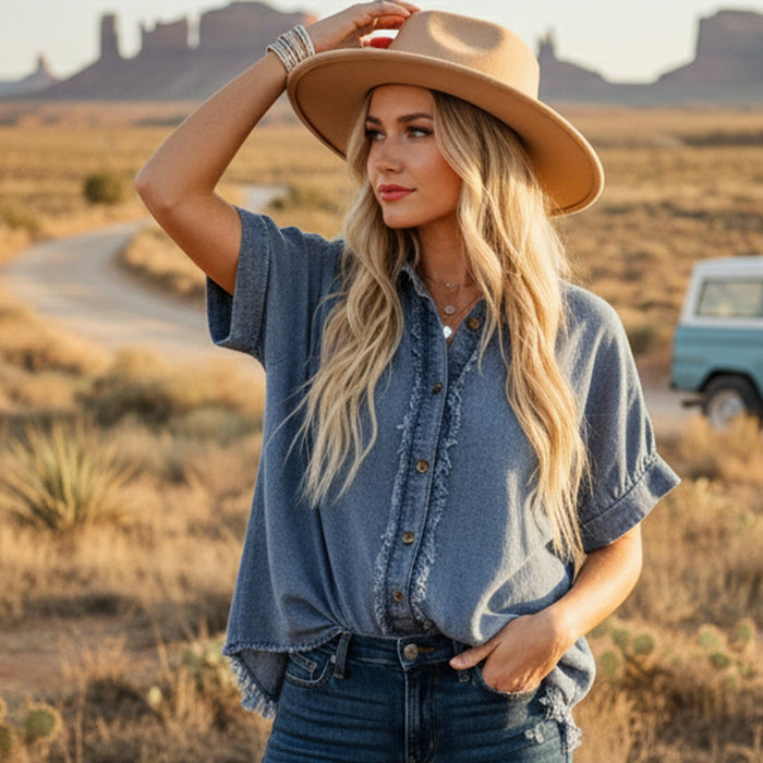 Frayed Trim Denim Button Top