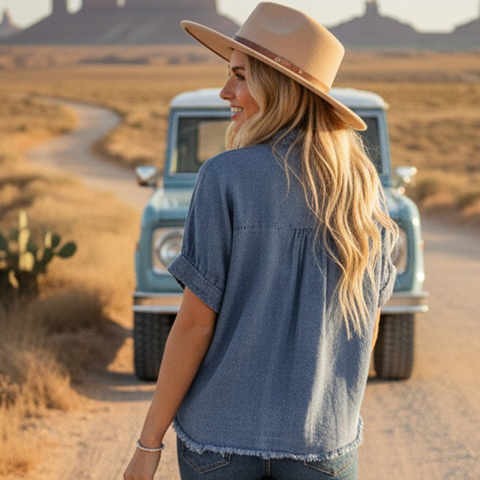 Frayed Trim Denim Button Top