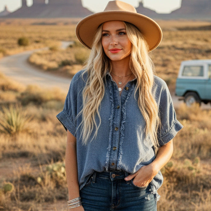Frayed Trim Denim Button Top
