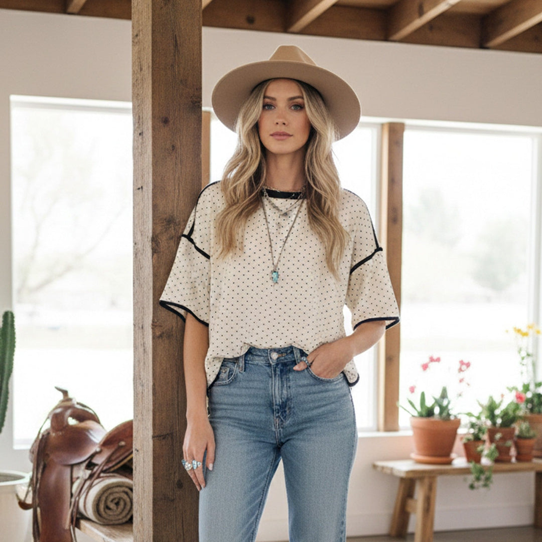 Polka Dot Contrast Trim Top