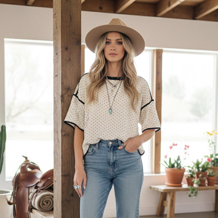 Polka Dot Contrast Trim Top