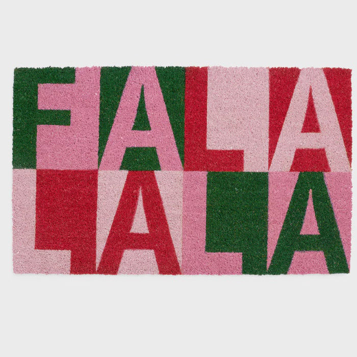 Coir doormat with FALA LALA in pink, red and green color-block letters
