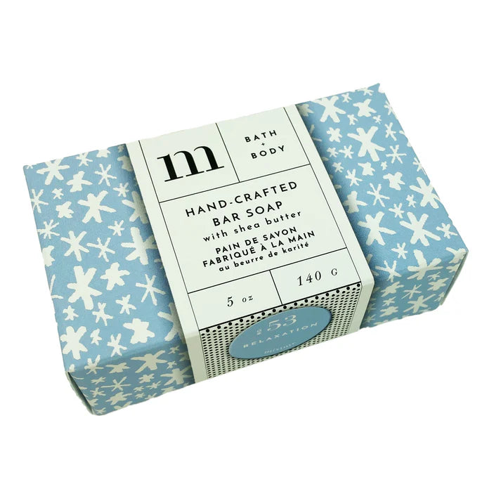 Mixture hand-crafted bar soap in blue paper with white star shapes, No. 53 Relaxation