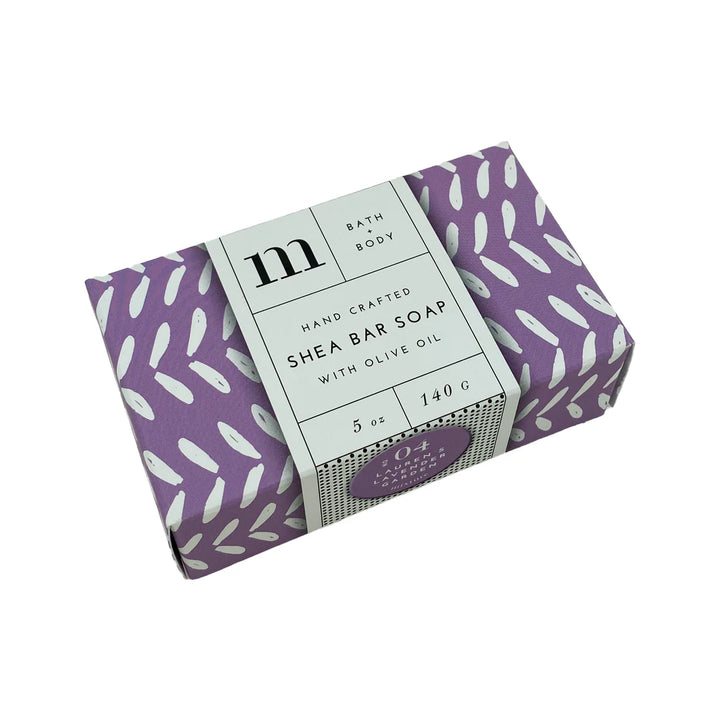 Mixture hand-crafted shea bar soap with olive oil in purple and white patterned paper, No. 04