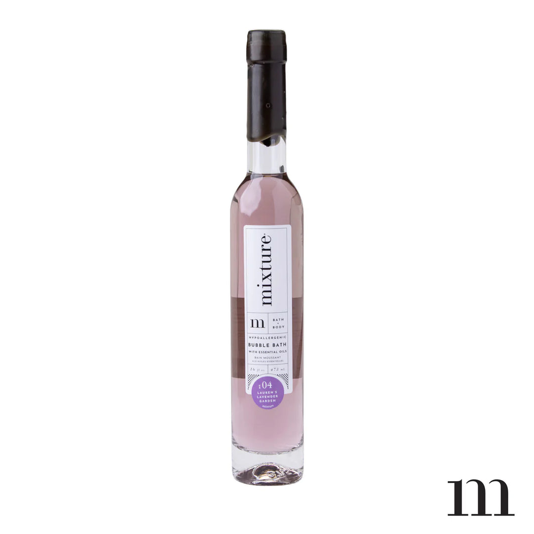 Mixture bubble bath bottle with pale purple liquid and a black wax top