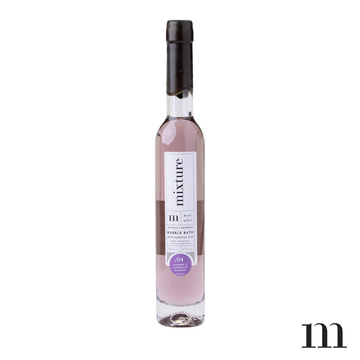 Mixture bubble bath bottle with pale purple liquid and a black wax top
