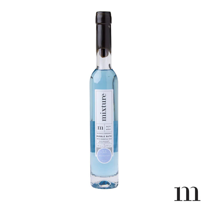 Mixture bubble bath bottle with light blue liquid and a black wax top