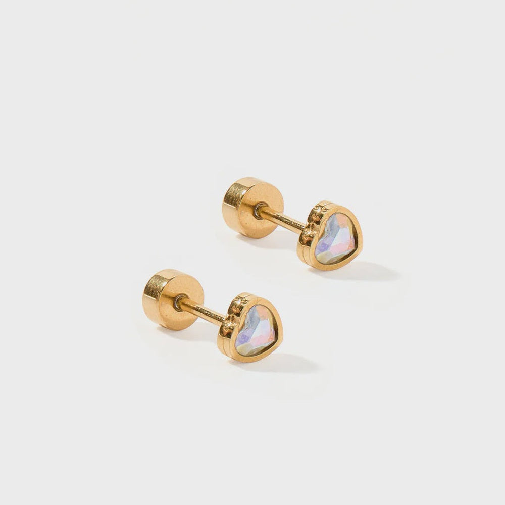 Gold-plated jewelry pair of heart-shaped stud earrings on a white studio background featuring faceted iridescent crystals with shimmering pastel hues and secure cylindrical flat-back closures