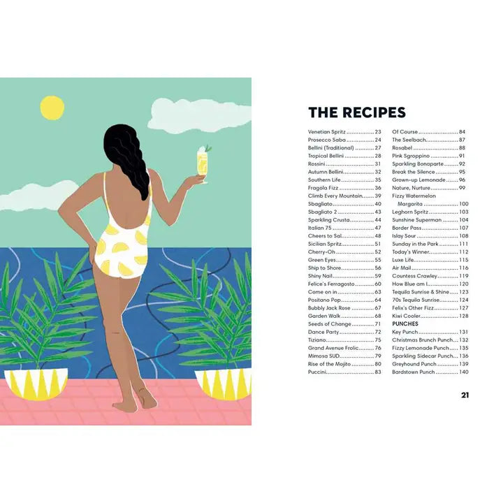 Flat digital illustration by Sara Simoes of a woman in a yellow lemon-patterned swimsuit on a pink Mediterranean balcony with potted palms overlooking the sea next to a page titled The Recipes listing various spritz and punch cocktails