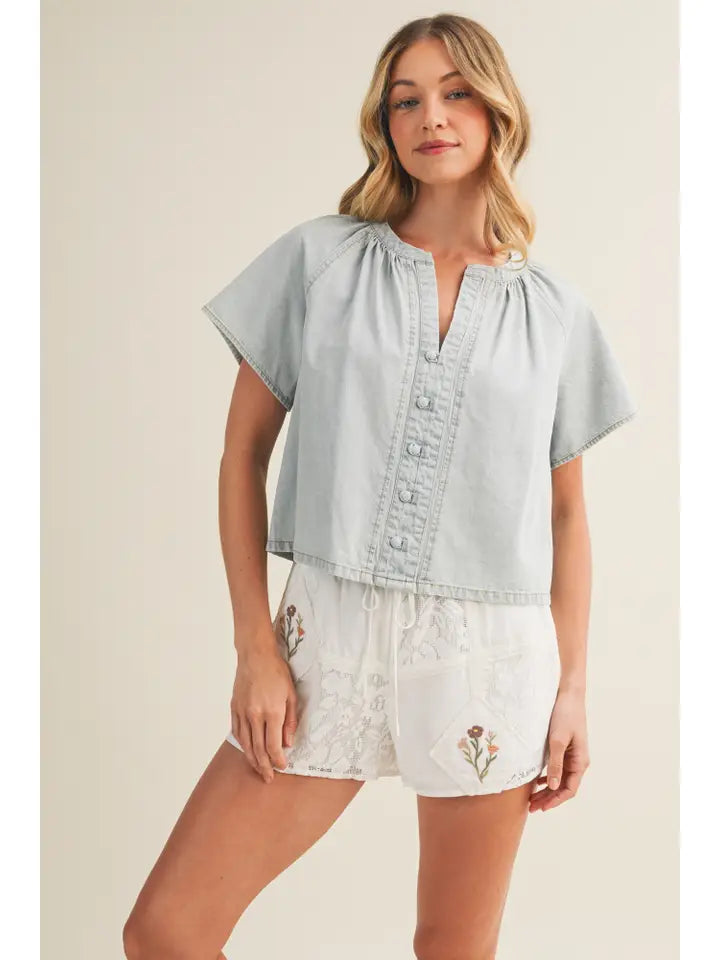 Gathered Collar V-Notch Denim Blouse