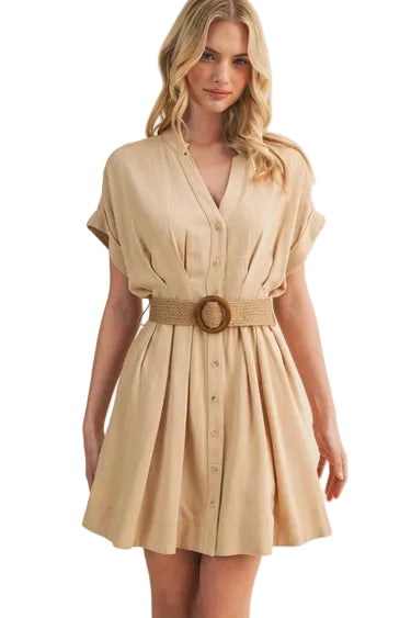 Dolman Sleeve Belted Button-Front Dress