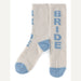 Beige socks with blue accents and 'BRIDE' text on a white background