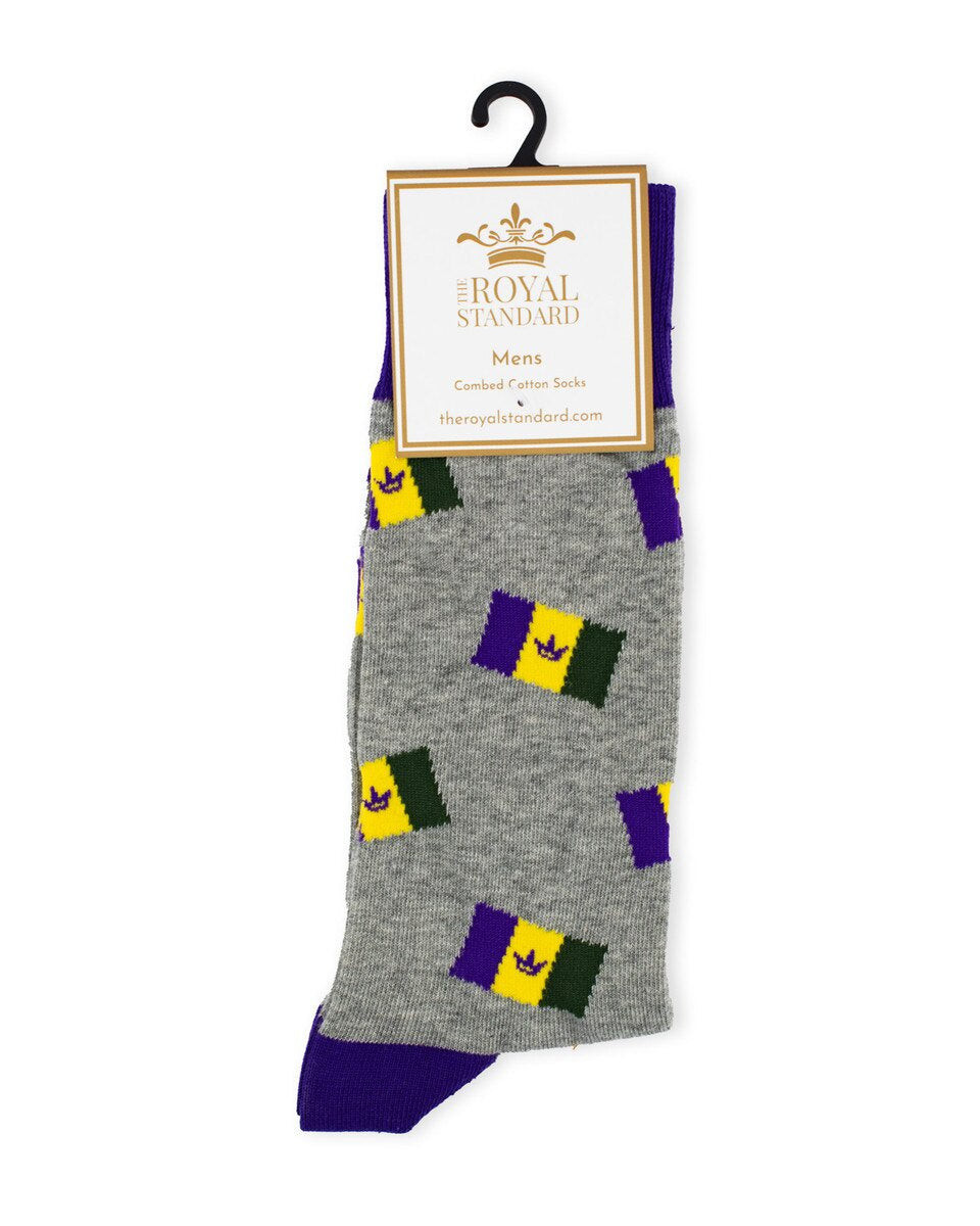 The Royal Standard men's gray socks with purple, green and gold crown flags, on a hang card