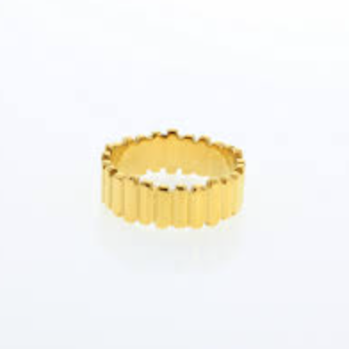 Gold jewelry featuring a fluted band ring with vertical ridges and serrated edges centered on a white background