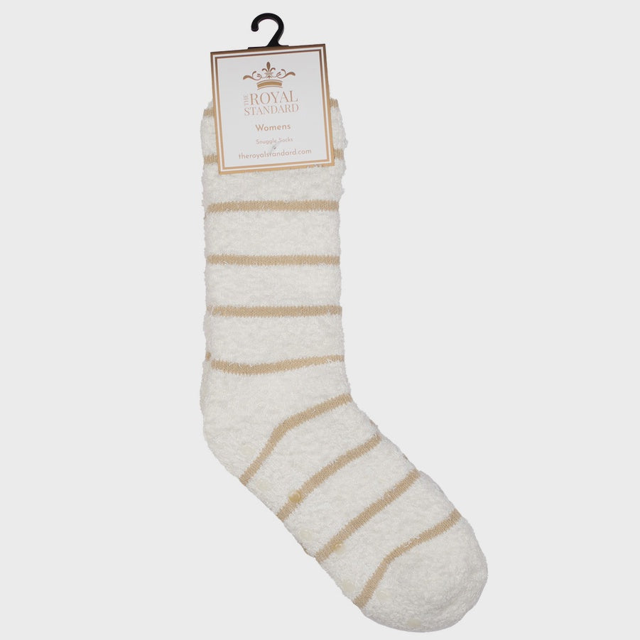 Cream fuzzy sock with tan stripes on a Royal Standard hanger card