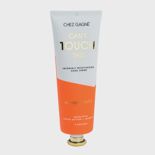 Chez Gagné Can't Touch This hand crème tube in gray and orange, orange vanilla