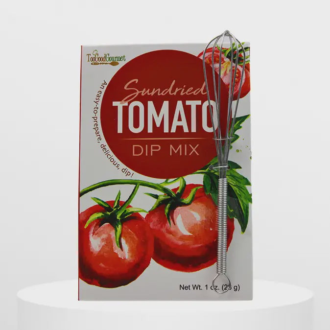 Too Good Gourmet Sundried Tomato Dip Mix box with a mini whisk attached