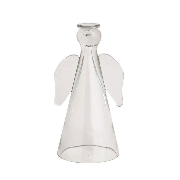 Hand-blown glass angel sculpture featuring a minimalist conical body, smooth translucent wings, and a polished halo rim centered on a pristine white background