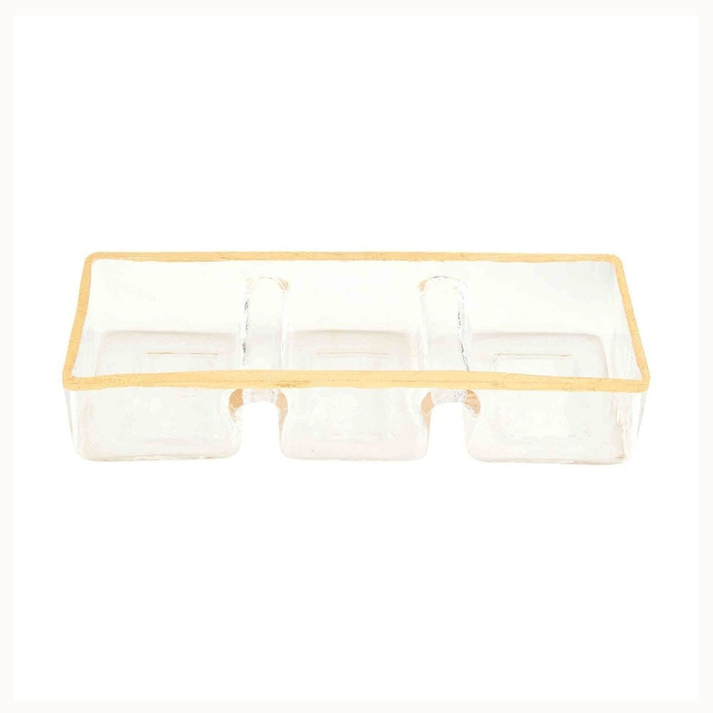 Textured glass rectangular tray featuring three divided compartments and a hand-painted metallic gold rim with an organic rippled surface texture against a white background